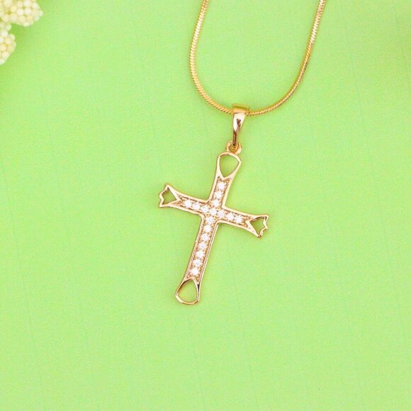 "Elegant Rose Gold Cross Pendant with CZ Stones and Cutout Design, XPPT1848 - Picture 12 of 13